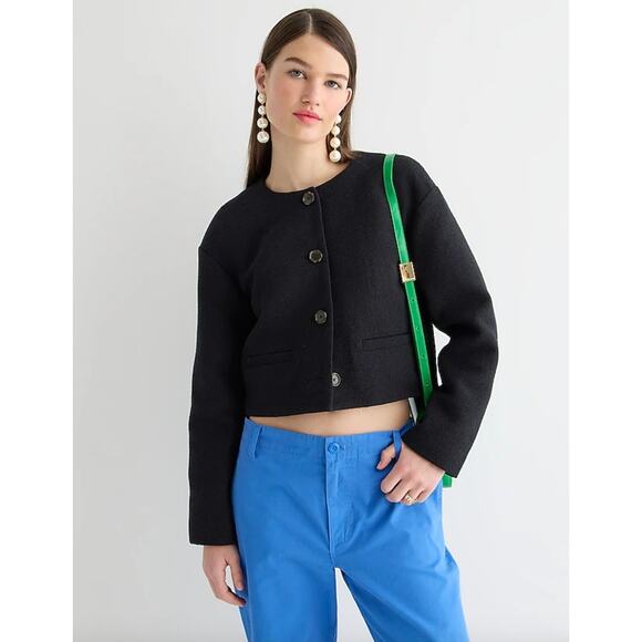 J.Crew Collection Lady Bomber Jacket Cotton Blend Boucle Black Relaxed US 16 - Picture 1 of 12